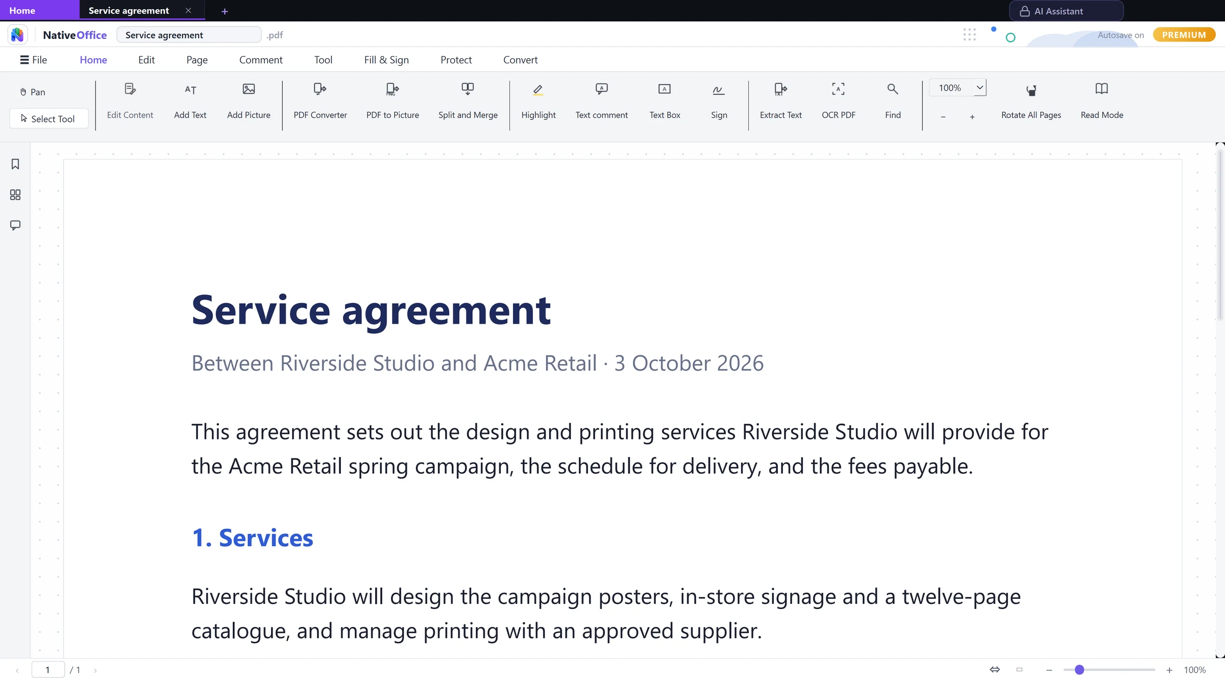 The NativeOffice PDF editor with a service agreement open