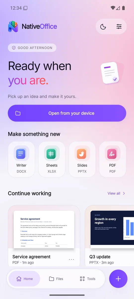 NativeOffice Mobile home screen
