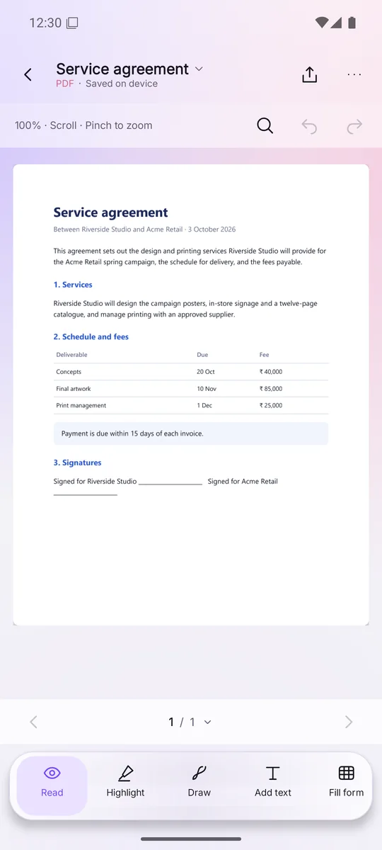 A PDF agreement open
