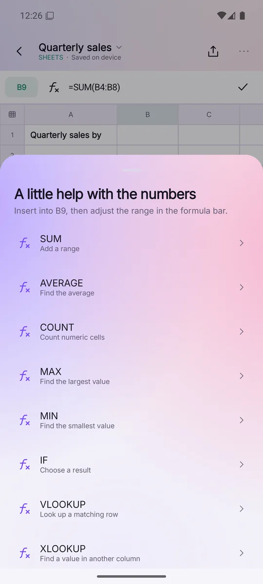 The list of functions
