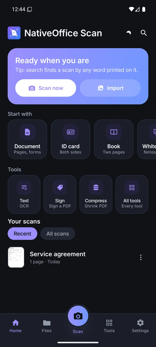 The NativeOffice Scan home screen