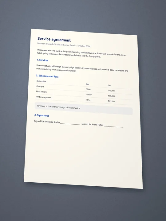 A photo of a printed agreement lying on a desk, at an angle