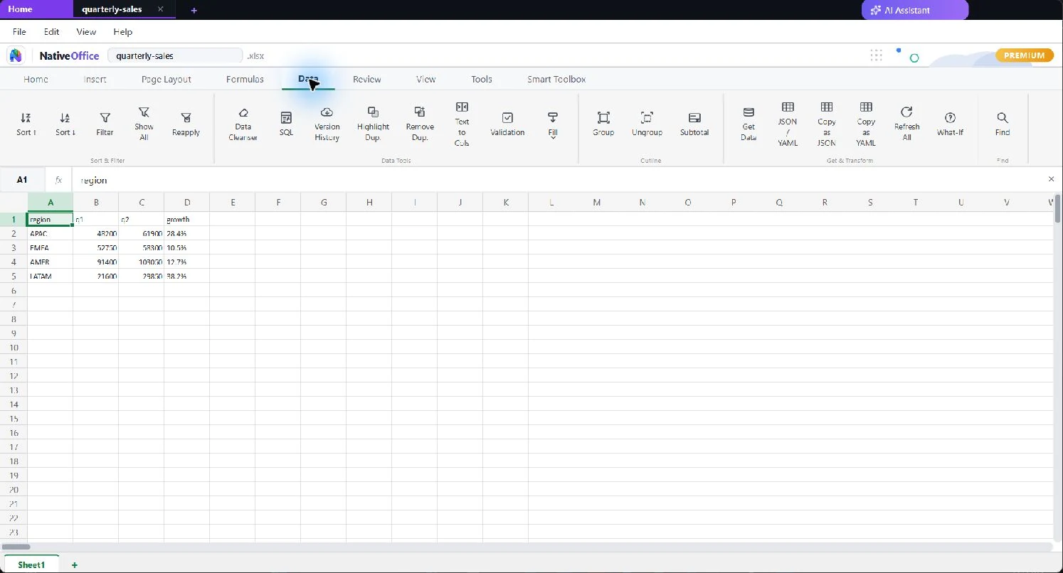 NativeOffice Sheets with a small sales table open in the Windows desktop app