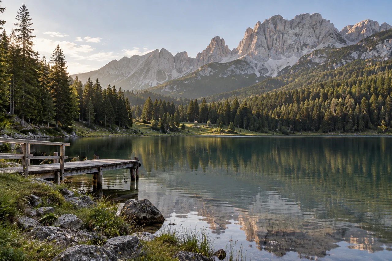 An alpine lake reflecting pine trees and a mountain ridge