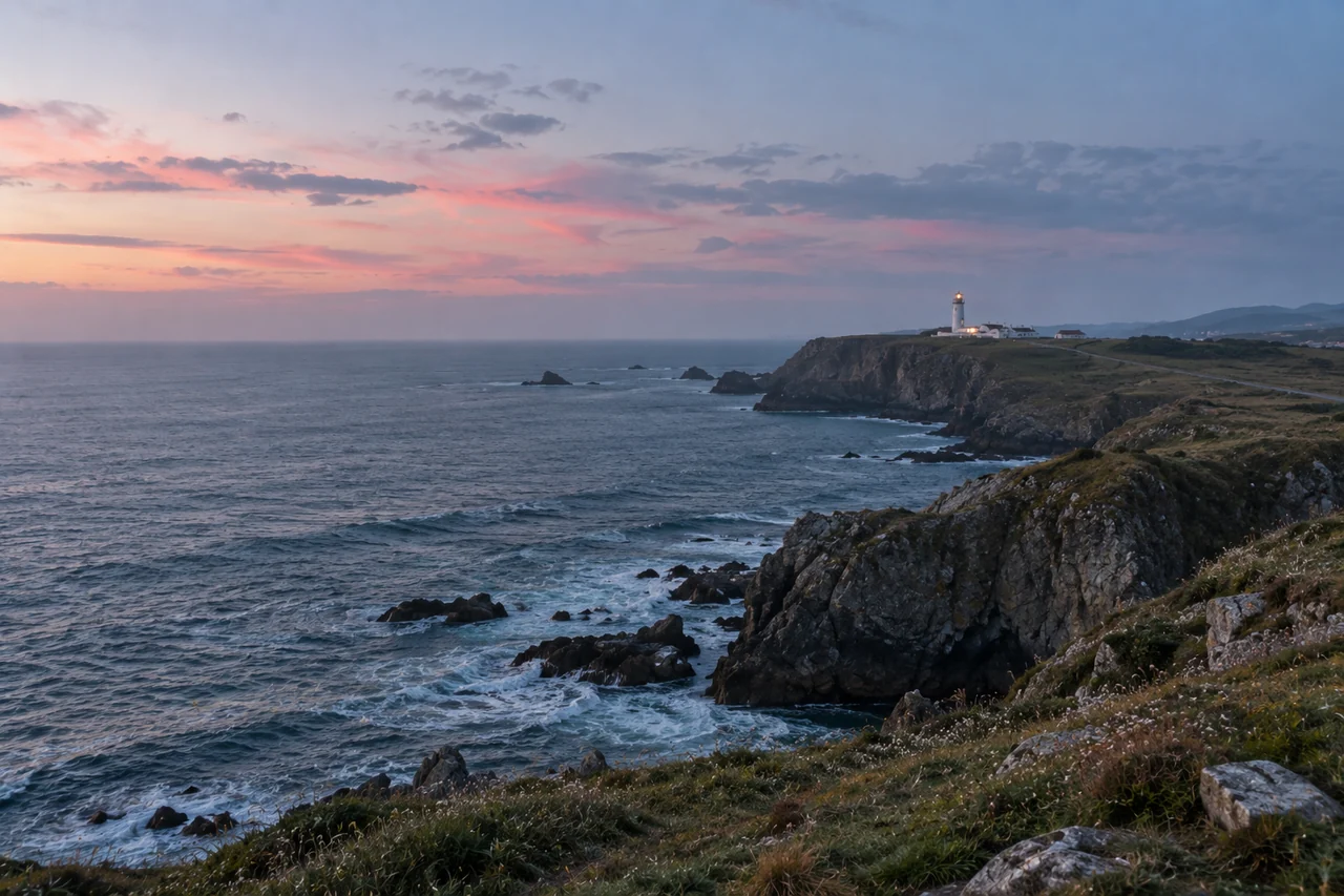 The Atlantic coast under a soft pink evening sky