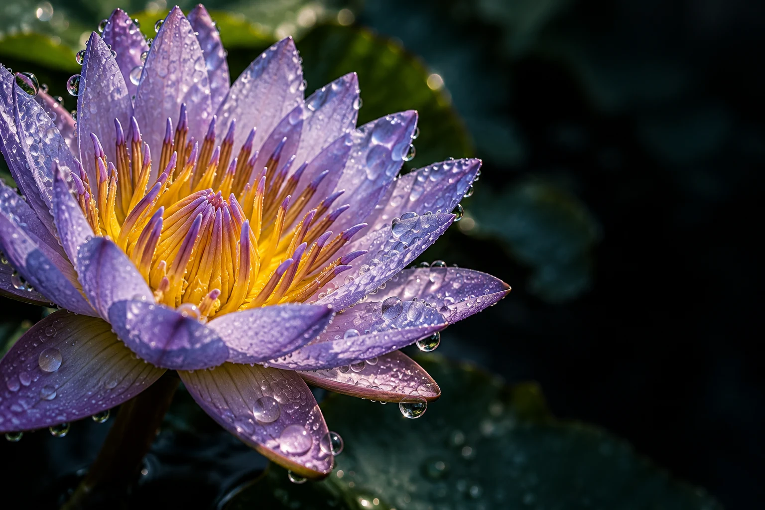 A lavender water lily with morning dew catching the light on its petals