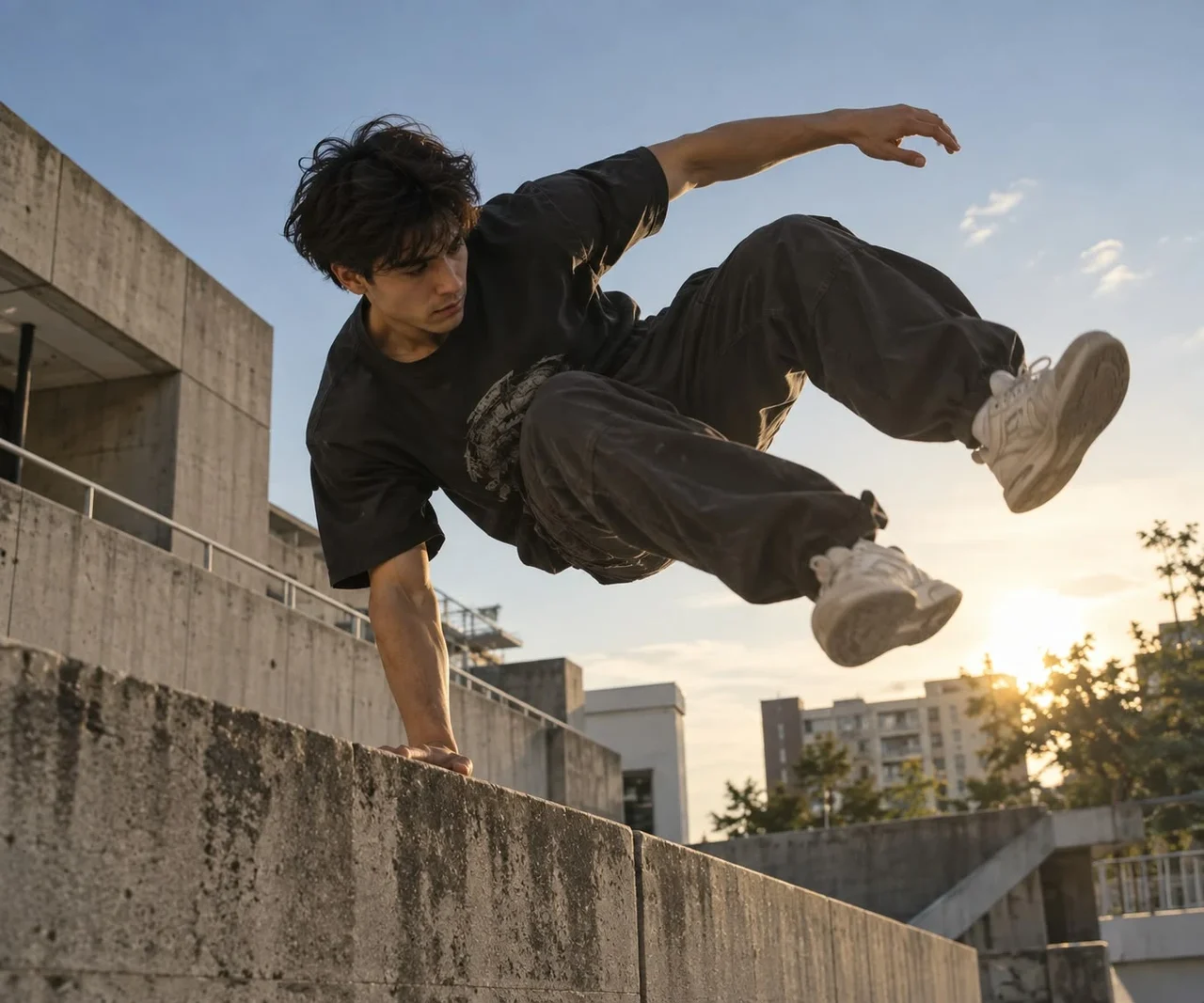 A freerunner vaulting a concrete wall in the late afternoon sun