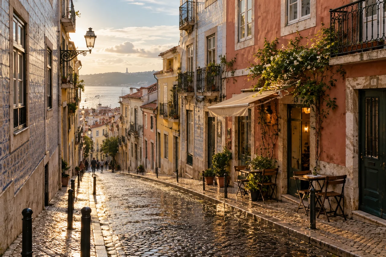 Sunlight falling across a cobbled Lisbon street
