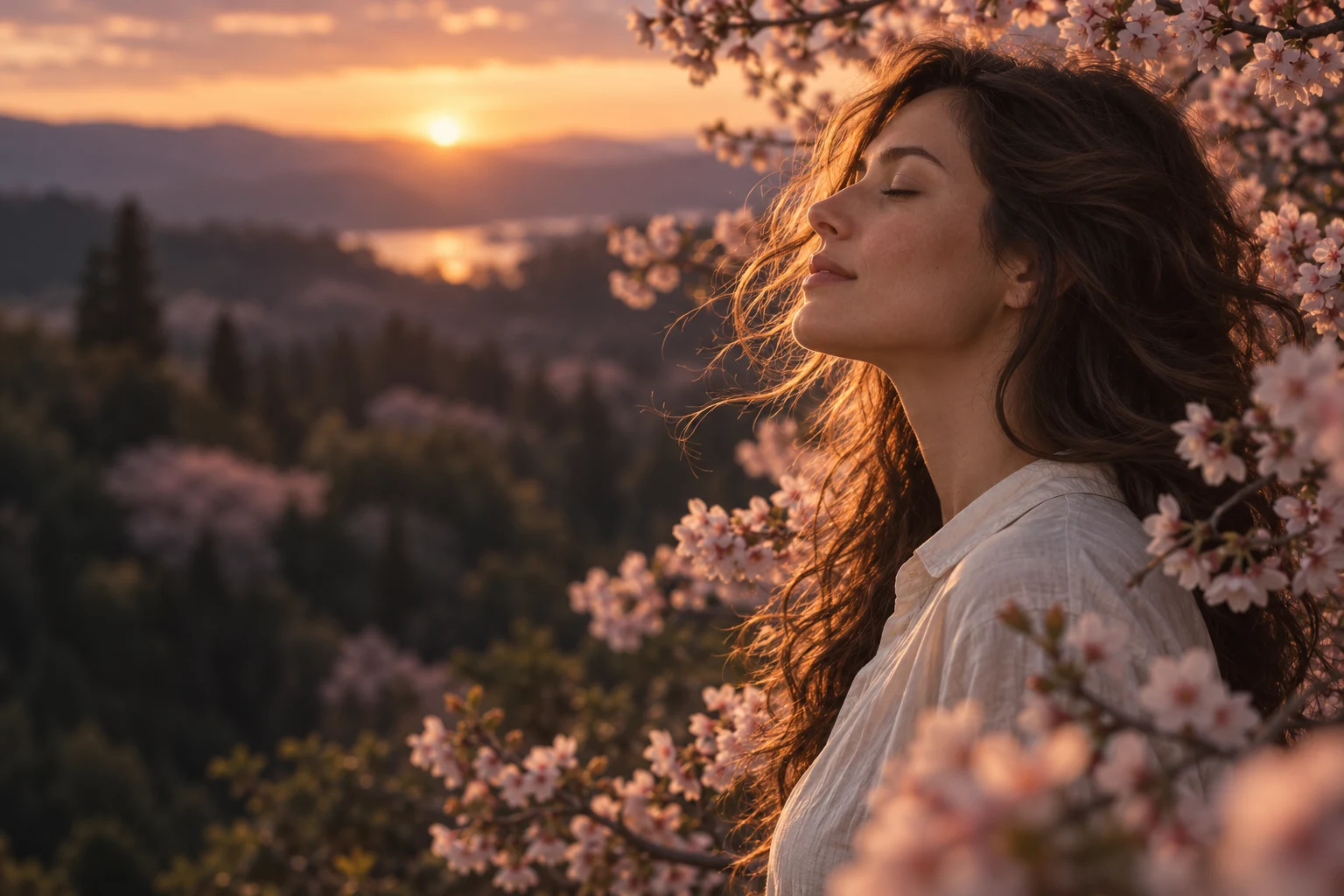 A portrait in warm evening light, framed by pink blossoms