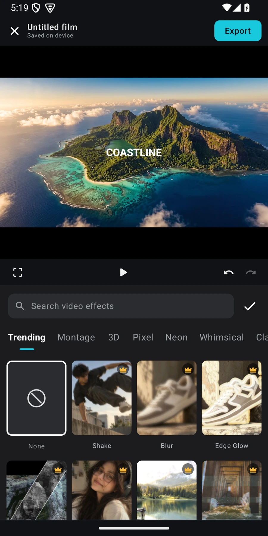 Current Pinwheel effects library showing Trending, Montage, 3D, Pixel, Neon and Whimsical categories