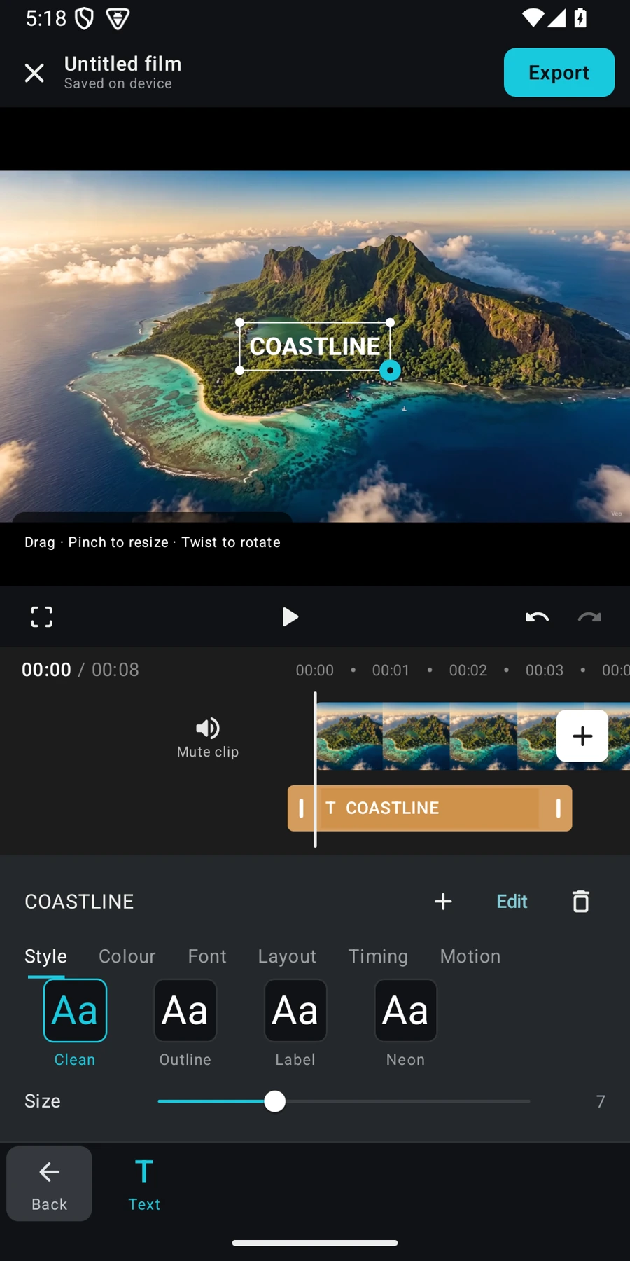 Pinwheel 0.31 video editor with a Coastline title, video timeline and text styling controls